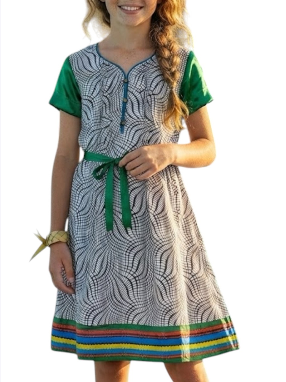 Vanuatu Independence Island Dress Girls L/XL 10-12Y Green Rainbow Belted BY CUTE